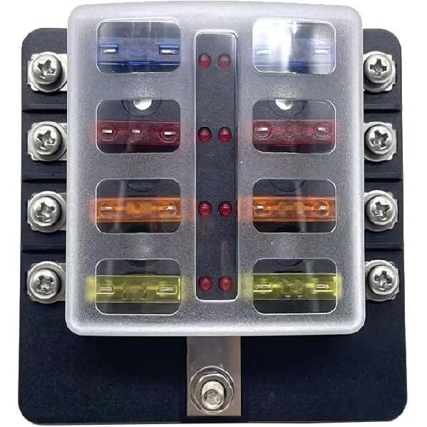 8 Way Blade Fuse Box Holder, 8 Way ATC/ATO Blade Fuse Holder Box, 8 Way ATC/ATO Blade Fuse Holder Box with 5A/1-A/15A/20A Fuses, 8 Way Blade Fuse