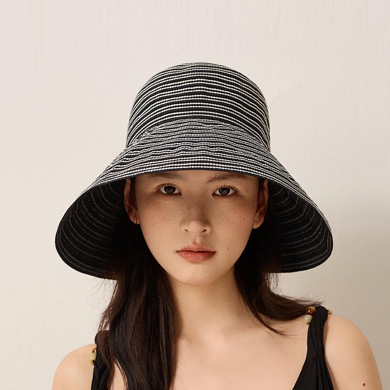 Striped Bow Big Brim Fisherman Hat Women's Summer Outdoor Travel Foldable Sun Hat