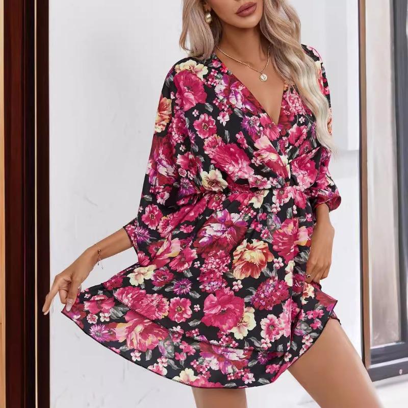 Women's Dress Summer Print Seven Quarter Sleeves V-neck Foreign Trade Women's Clothing Casual Dresses