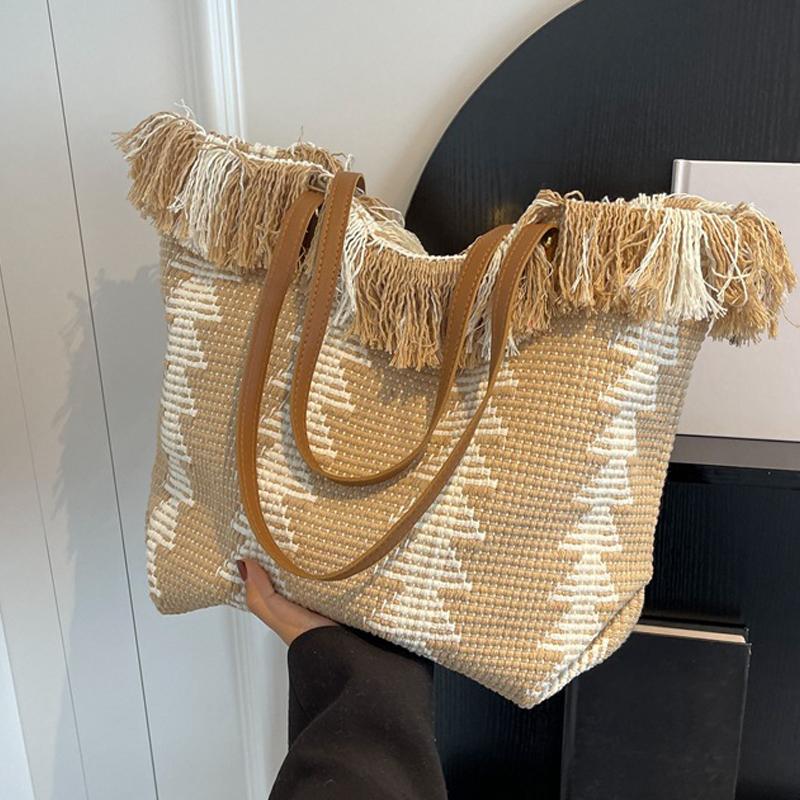 Women Grocery Tote Bag Fringe Large Capacity Canvas Handbag Beach Reusable Shop Bag Contrasting Color Travel Shoulder Bag