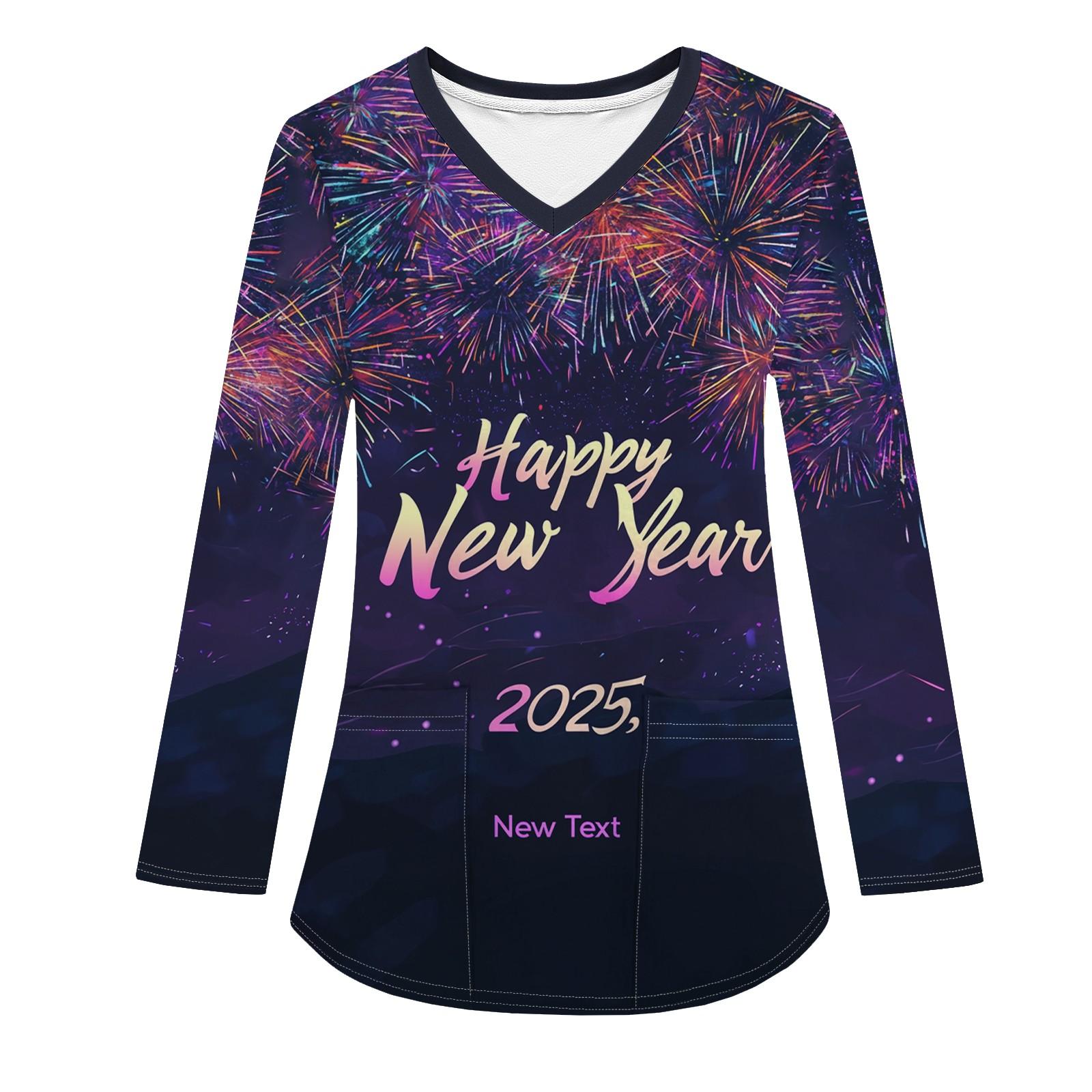 

Женская модная рабочая одежда с V-образным вырезом, длинным рукавом и карманом, рождественский принт, футболка, топ S