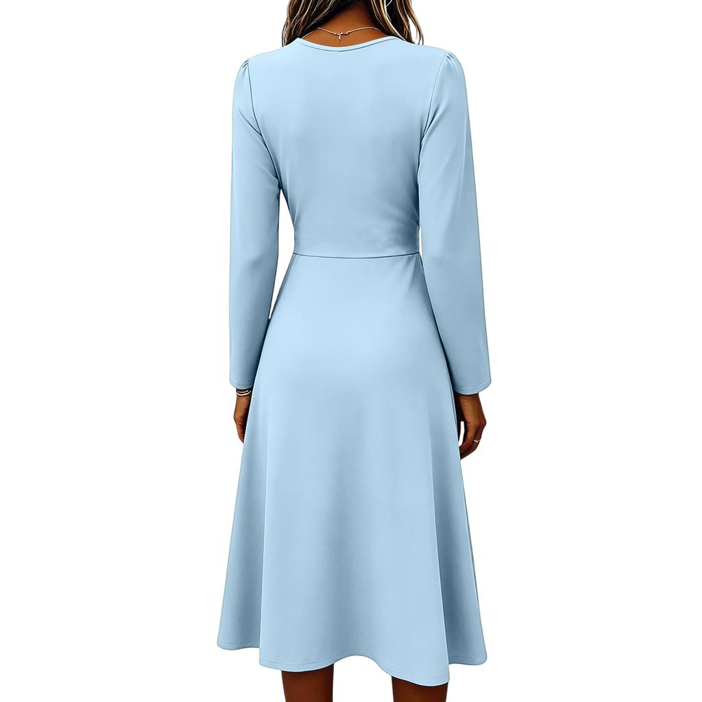 Women's Long Sleeve V Neck Midi Dress Casual Solid Color Elegant A Line Waist Pleated Design Soft Fabric Comfortable Fit