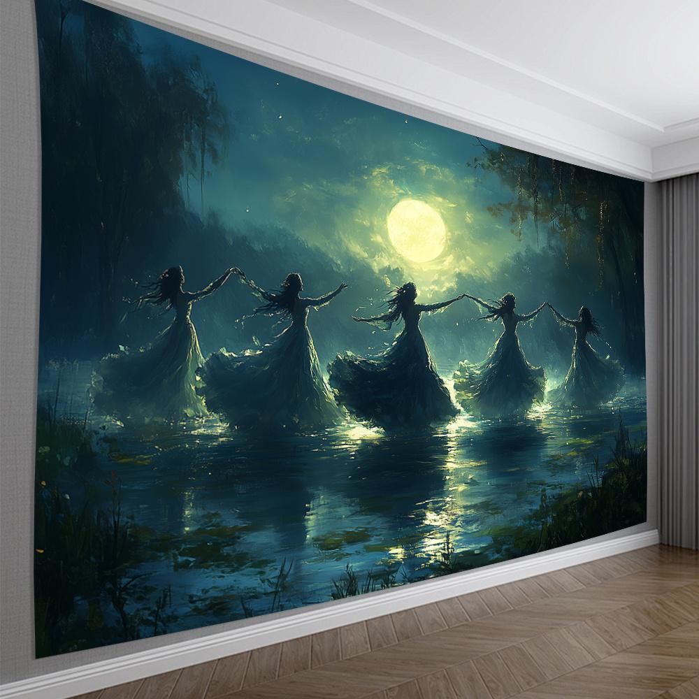 

Elegant Polyester Tapestry of Dancing Women on the Lake Ideal for Living Room Bedroom Office Party Decor Graceful Moonlit 74x94cm(29x37in)