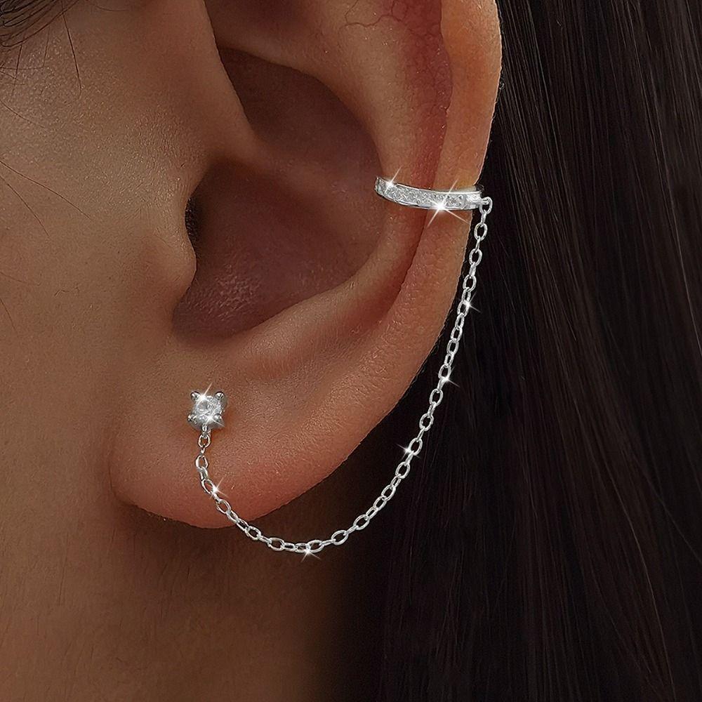 Shiny Zircon Chain Clip Earrings Ear Cuff Style Tragus Earrings Helix Earrings Fashion Jewelry