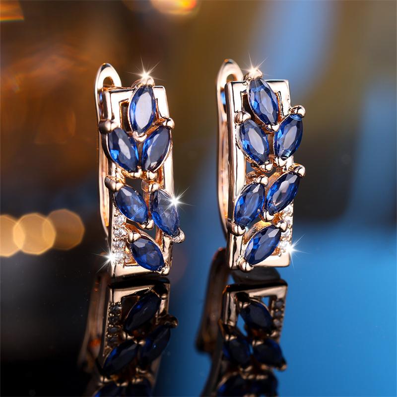 Marquise Cut Royal Blue Stone Horse Eye Leaf Hoop Earrings For Women Champagne Gold Color Vintage Zircon Ear Buckle Jewelry Gift