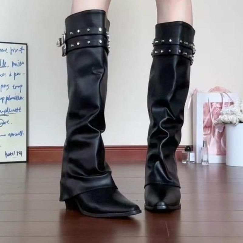 Fashion Elegant Women Knee High Boots Pointed Toe High Heels Shoes Sexy 2025 Winter New Chunky Motorcycle Boots Party Pumps Woman Botas
