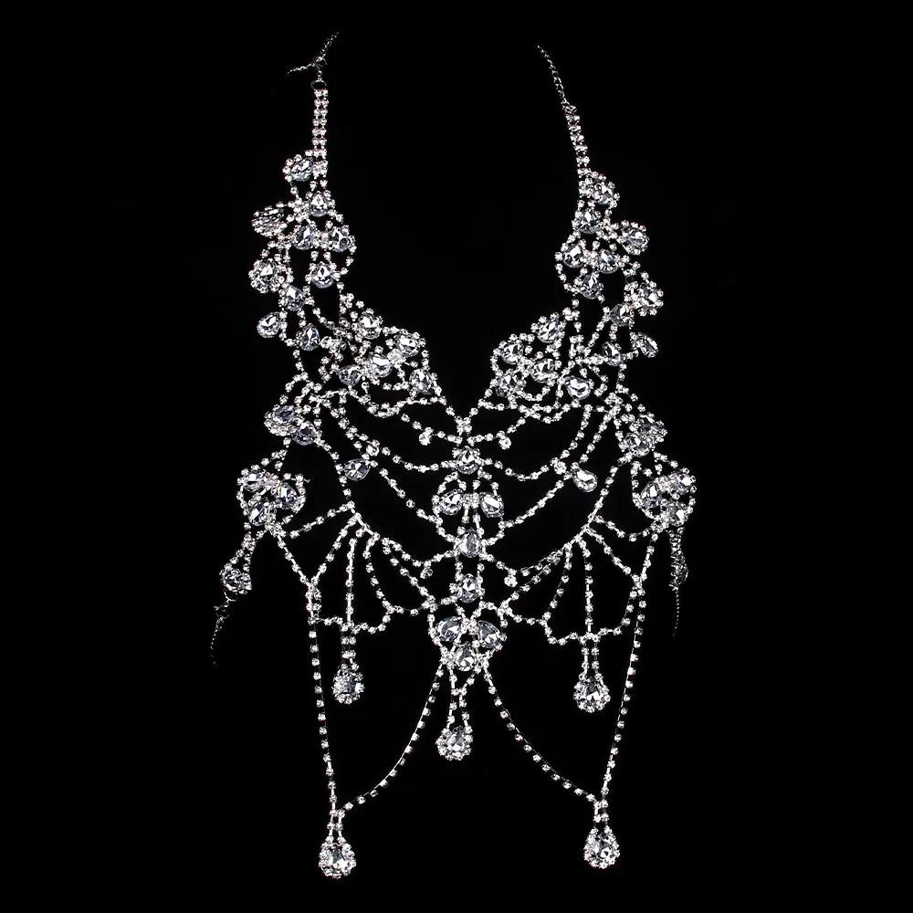 

Luxury Rhinestone Body Chain Bra Necklace Bikini Jewelry for Women Drop Crystal Bralette Hollow Clothing Decoration Jewellery срібний