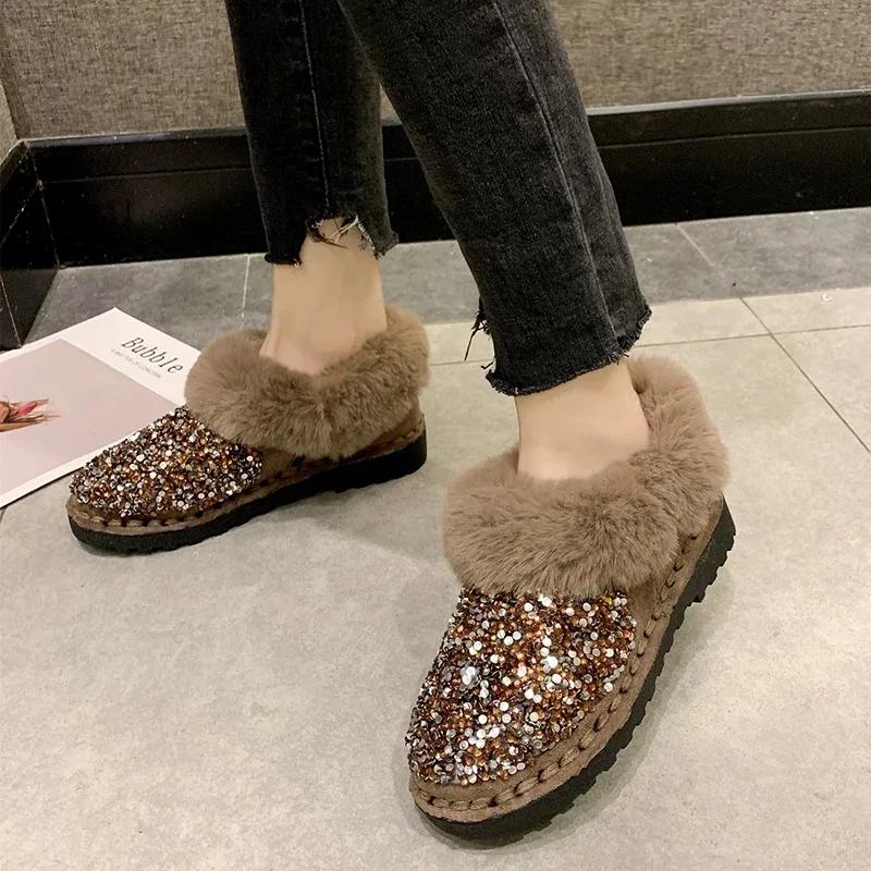 Fashion Female Shoes Outdoor Ankle Women's Boots Warm Snow Boots Women Rhinestones Round Toe Slip On Low Heel Shoes Women