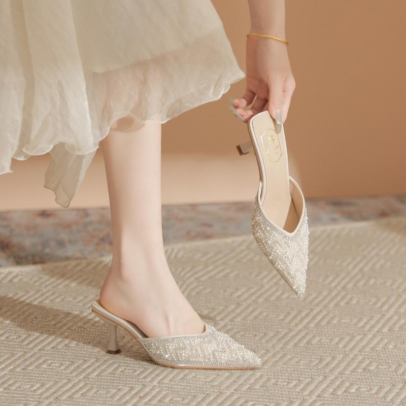 Fashion Internet celebrity pearl rhinestone toe cap half slipper women's summer slim heel sandals pointed high heels