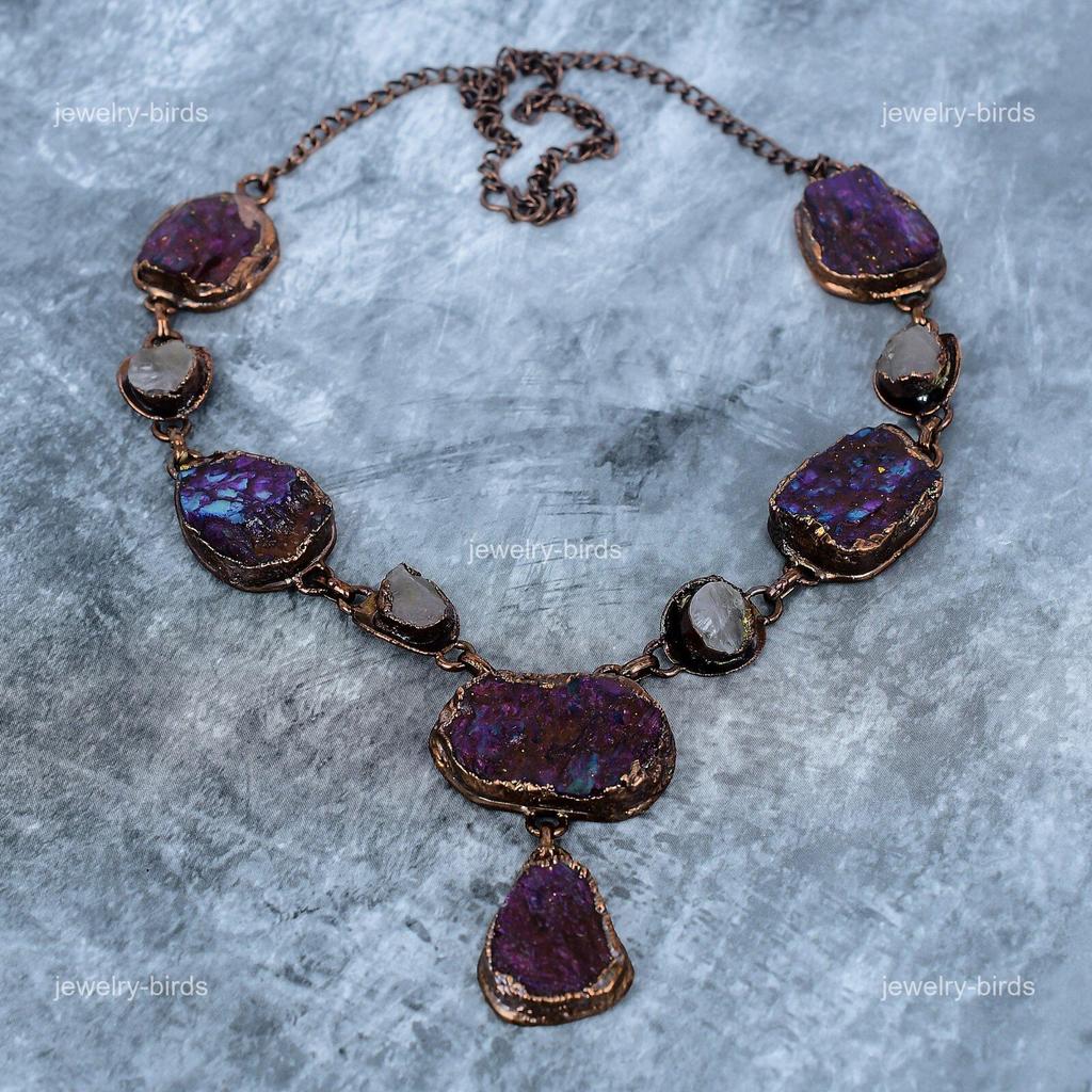 Pierre Gemme Labradorite Chaîne en Cuivre Électroformée Chakra du Troisième Œil Collier Bohème VP-112