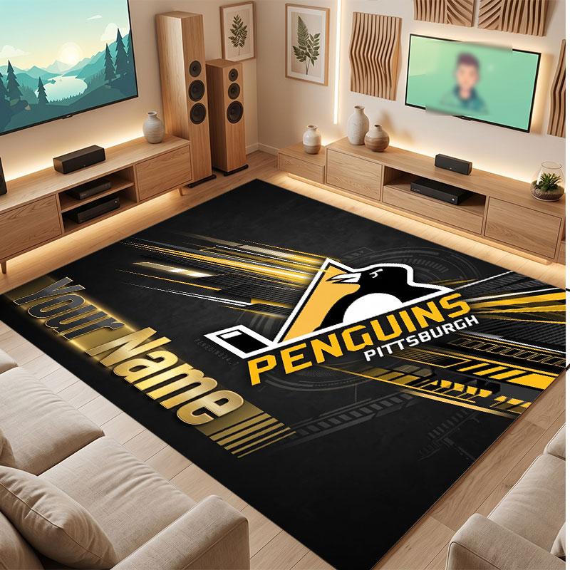 Pittsburgh Penguins Personalized Crystal Velvet Carpet, Customized Name Text Soft Anti‑Slip Rug for Living Room Bedroom
