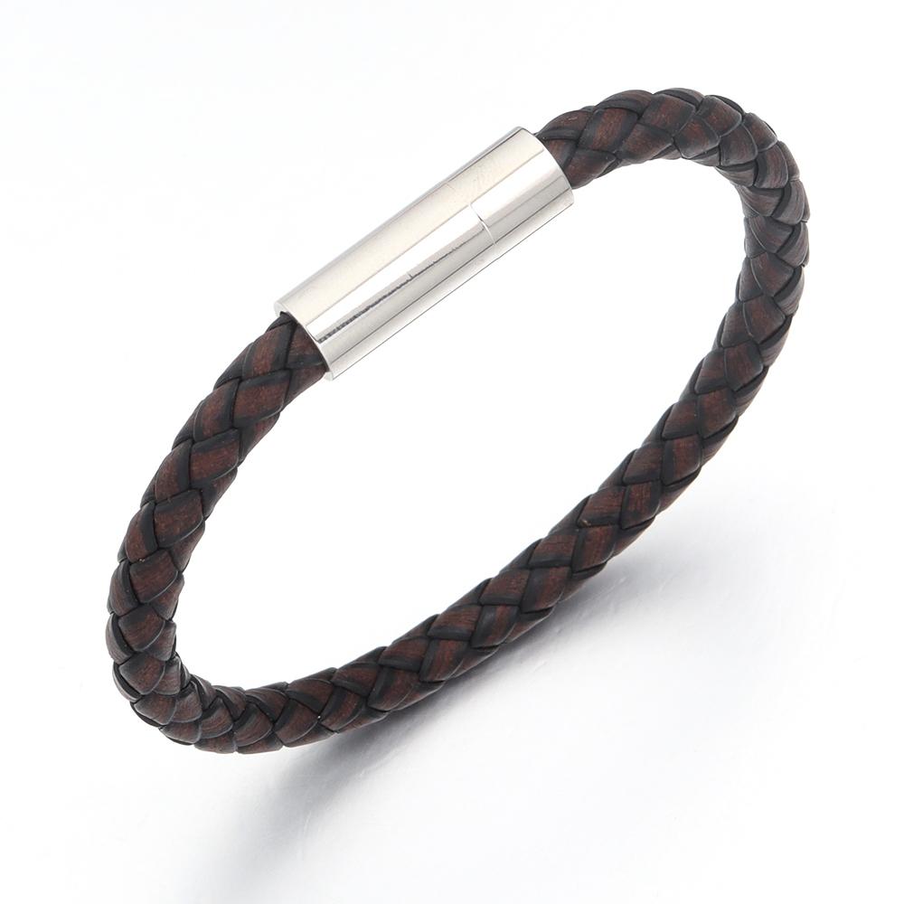 1pc 20cm Simple Design Men's Bracelet Genuine Leather Braided Stainless Steel Magnetic Buckle Bangle For Women Men Jewelry Gifts