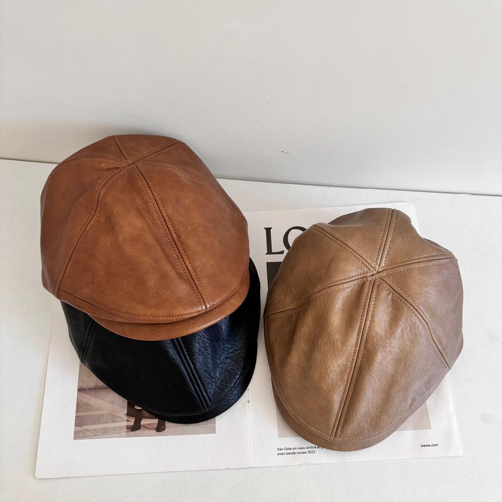 Autumn and winter versatile warm simple autumn and winter literary and retro show a small face forward hat big head circumference leather beret