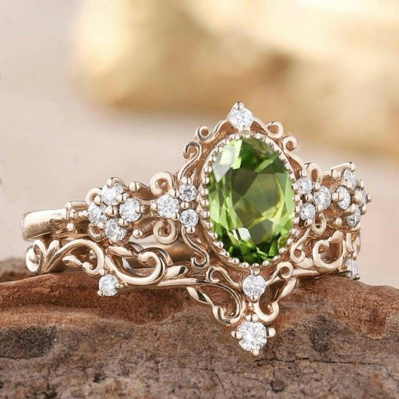 Dazzling Gold Color Inlaid with Round White Green Stone Flower Rings Set Party Engagement Wedding Rings for Women Jewelry