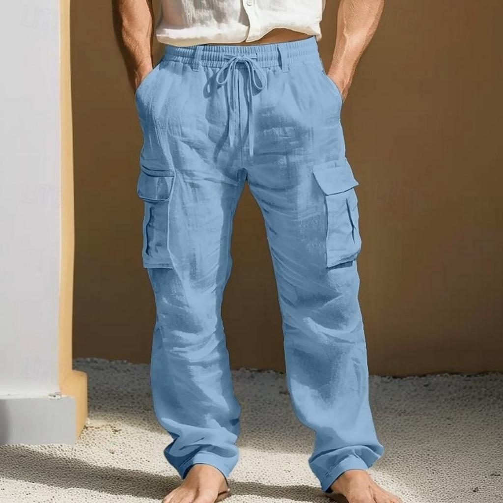 Men's Cotton Linen Cargo Pants Loose Fit Straight Leg with Multiple Pockets for Casual Wear