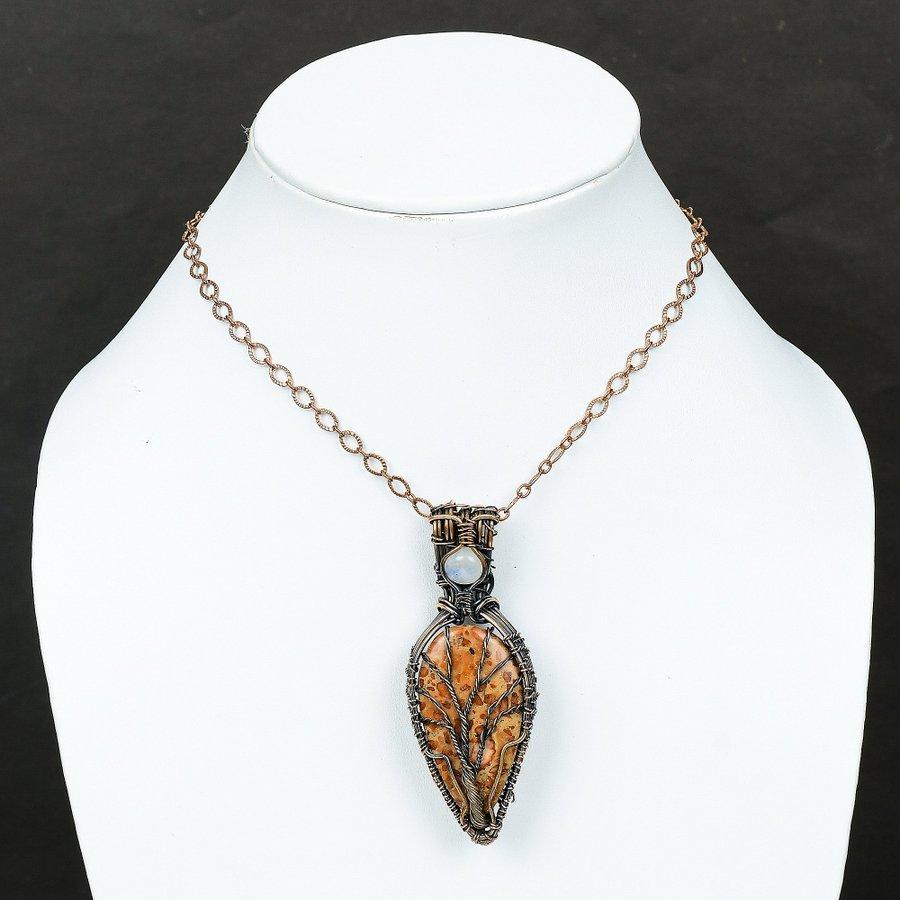 Leopard Skin, Moonstone Gemstone Copper Wire Wrap Jewelry Pendant 2.80"