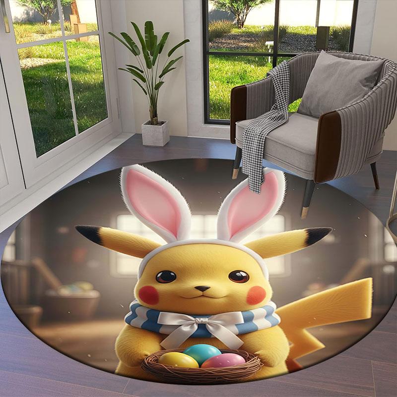 Easter Pokemon Round Area Rug,Carpet Rug for Living Room Bedroom Sofa Playroom Decor,Non slip Floor Mat