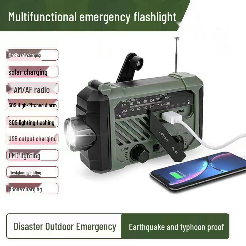 Multifunctional Solar-Powered Emergency Radio & Flashlight with Hand-Crank Power Generator and Waterproof Power Bank