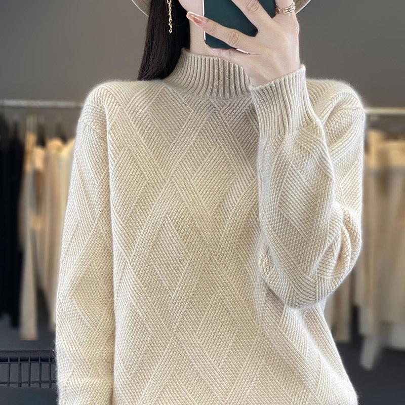 Versatile Women's Wool Sweater: Half-High Neck, Solid Color, Diamond Cable Knit, Warm & Comfortable Pullover