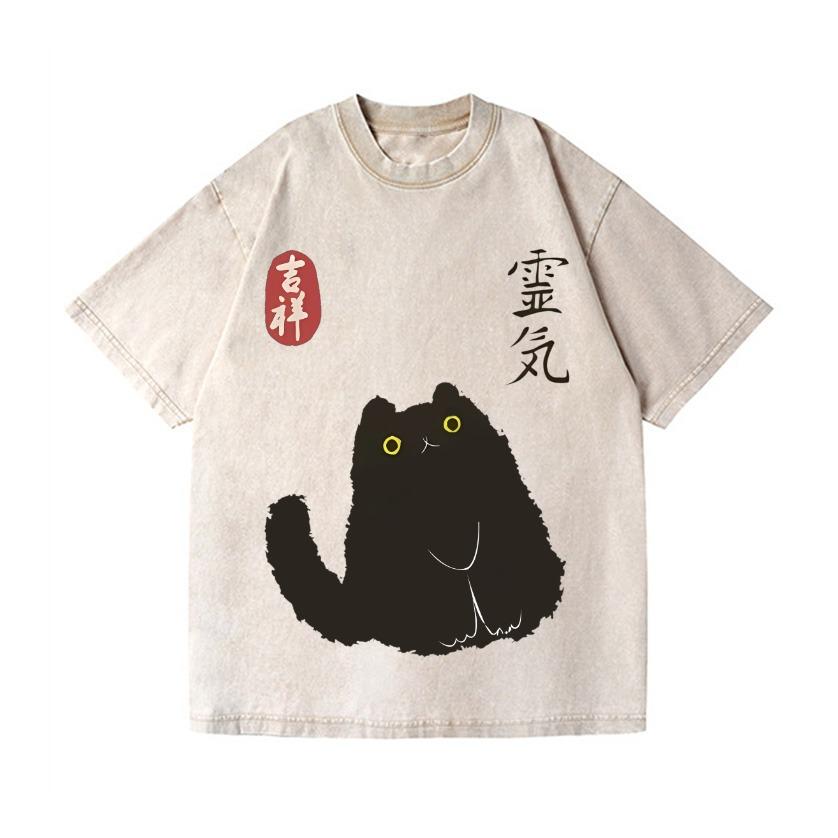 Vintage Lucky Black Cat Japanese Design Wash T-Shirt Fashion Pure Cotton Harajuku Tees Oversized Holiday Kpop Korean Style