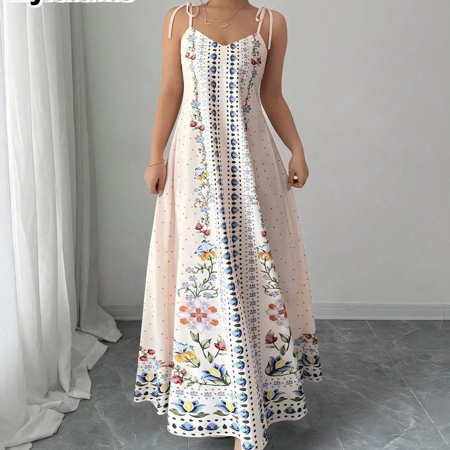 Elegant Floral Patterned Spaghetti Strap Women s Fashion Dress S
