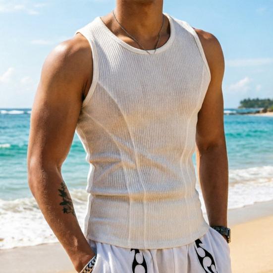 Canotta Estiva da Uomo a Coste Scollo a O Senza Maniche Camicia Traspirante Monocolore Vestibilità Slim Elasticizzata Casual Palestra Sportiva T-shirt