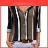 Elegante T-shirt a righe floreali da donna per l'autunno, con bottoni, scollo a V, maniche lunghe, camicetta casual
