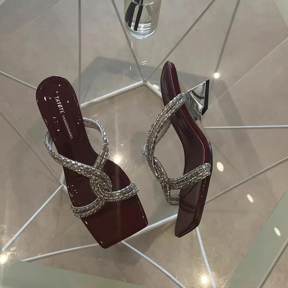 

Женские модные тапочки необычного стиля с квадратным носком и стразами, женская обувь для отдыха, летнее платье, корейский стиль, zapatillas de mujer 42