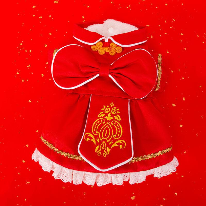 New Year's dog clothes big bow festive velvet thickened New Year's cotton coat red teddy bear pet winter dress