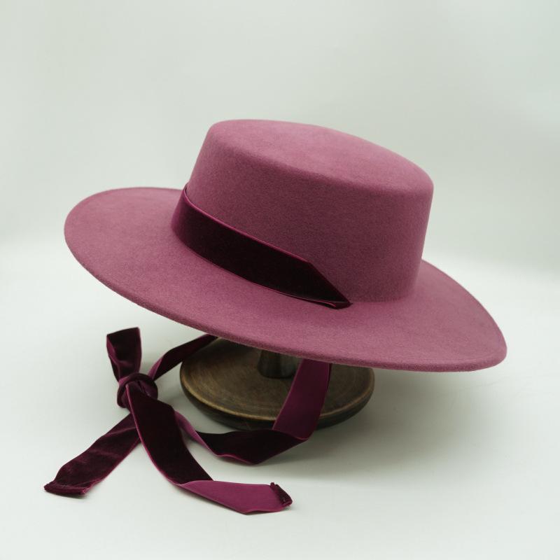 Japanese Korean Version Retro Raspberry Purple Lace-Up Removable Wool Nylon Felt Flat Top Top Hat Women'S Autumn And Winter Wide Brim British