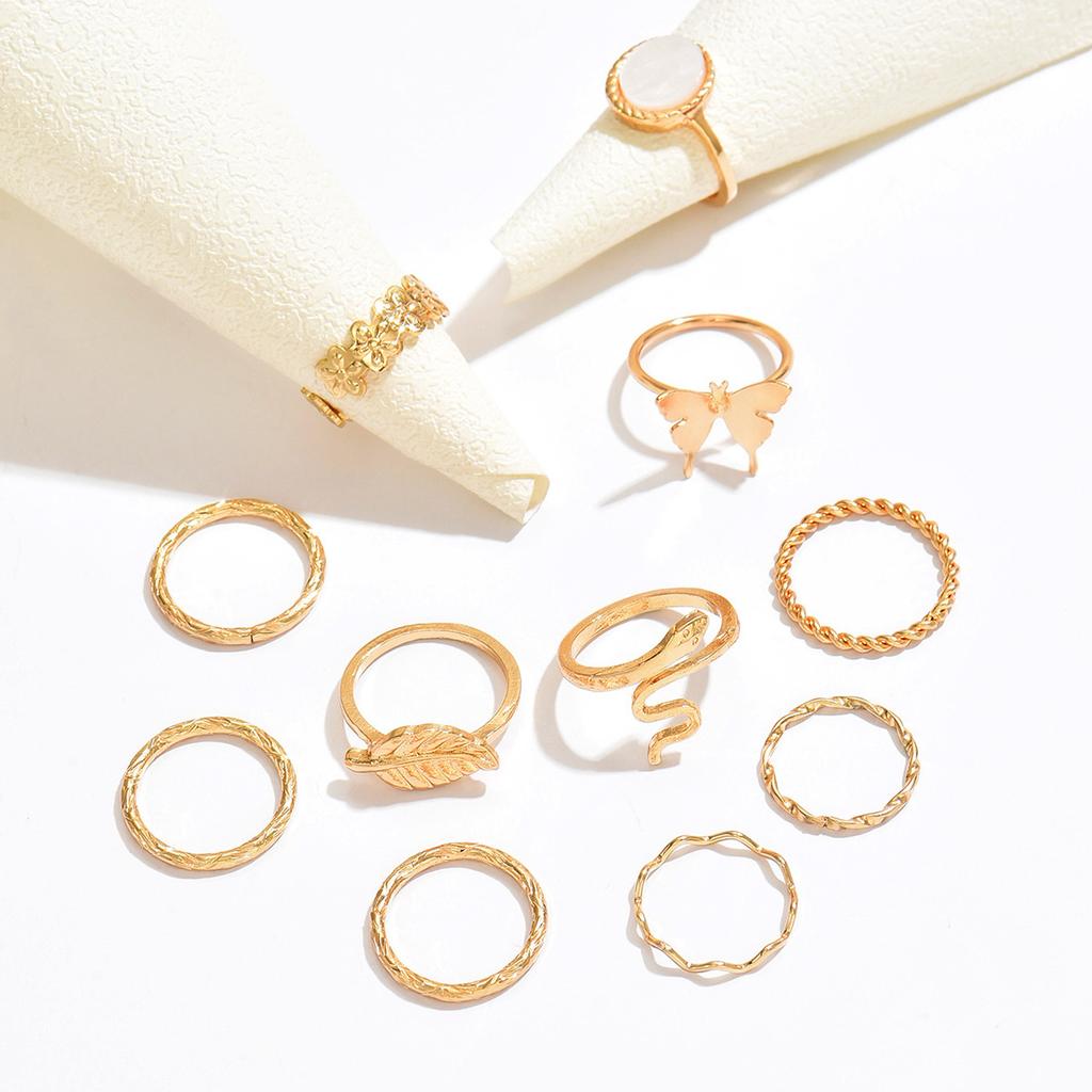 European and American simple retro flower butterfly ring set temperament versatile metal plain ring stacked hand jewelry women