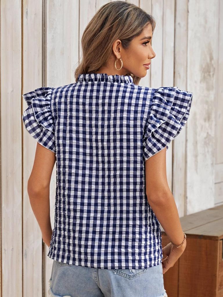 Summer Tops Double Layer Ruffled Hem Cute Sweet Girls' Dresses Check Short Sleeve