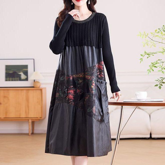 Women's long Sweater Dress Knitted Patchwork PU Leather A-Line Dress Plus Size Knitted Dress for Autumn and Winter ...
