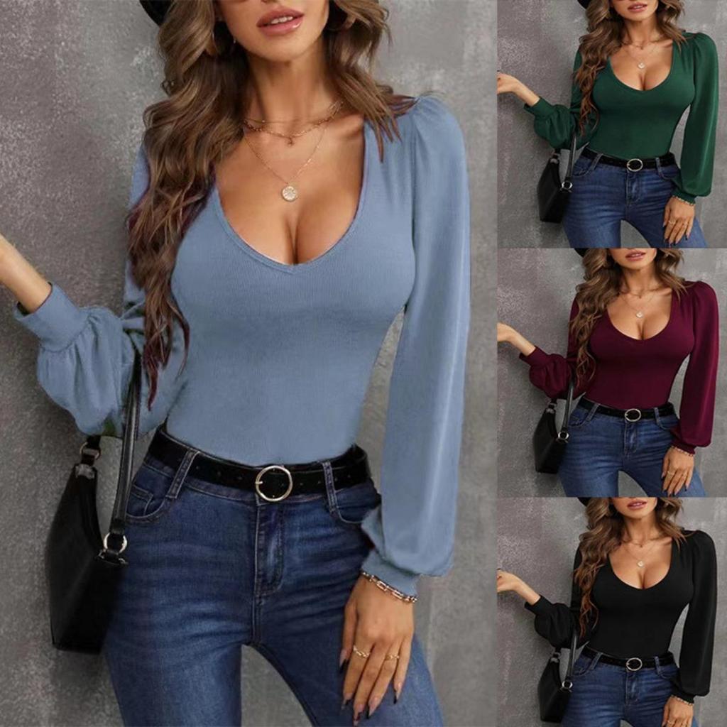 New Women's Slim Fit Knitted Sweater with Low Neckline, Lantern Sleeves for Autumn JOOM