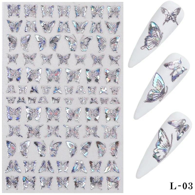 3D Holographic Butterfly Nail Art Stickers Adhesive Gold Silver Laser Foil Nail Decals For Women Girls DIY Manicure Decoration