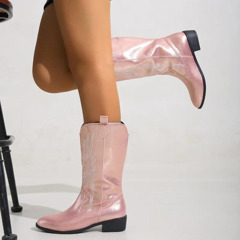 Fashion Pink Embroider Cowboy Boots for Women 2025 Autumn Winter Chunky Heels Mid Calf Western Knight Boots Woman Pointed Toe Tube Botas