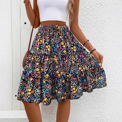 Summer Small Floral Women's Floral Bohemian Ruffle Hem Skirt