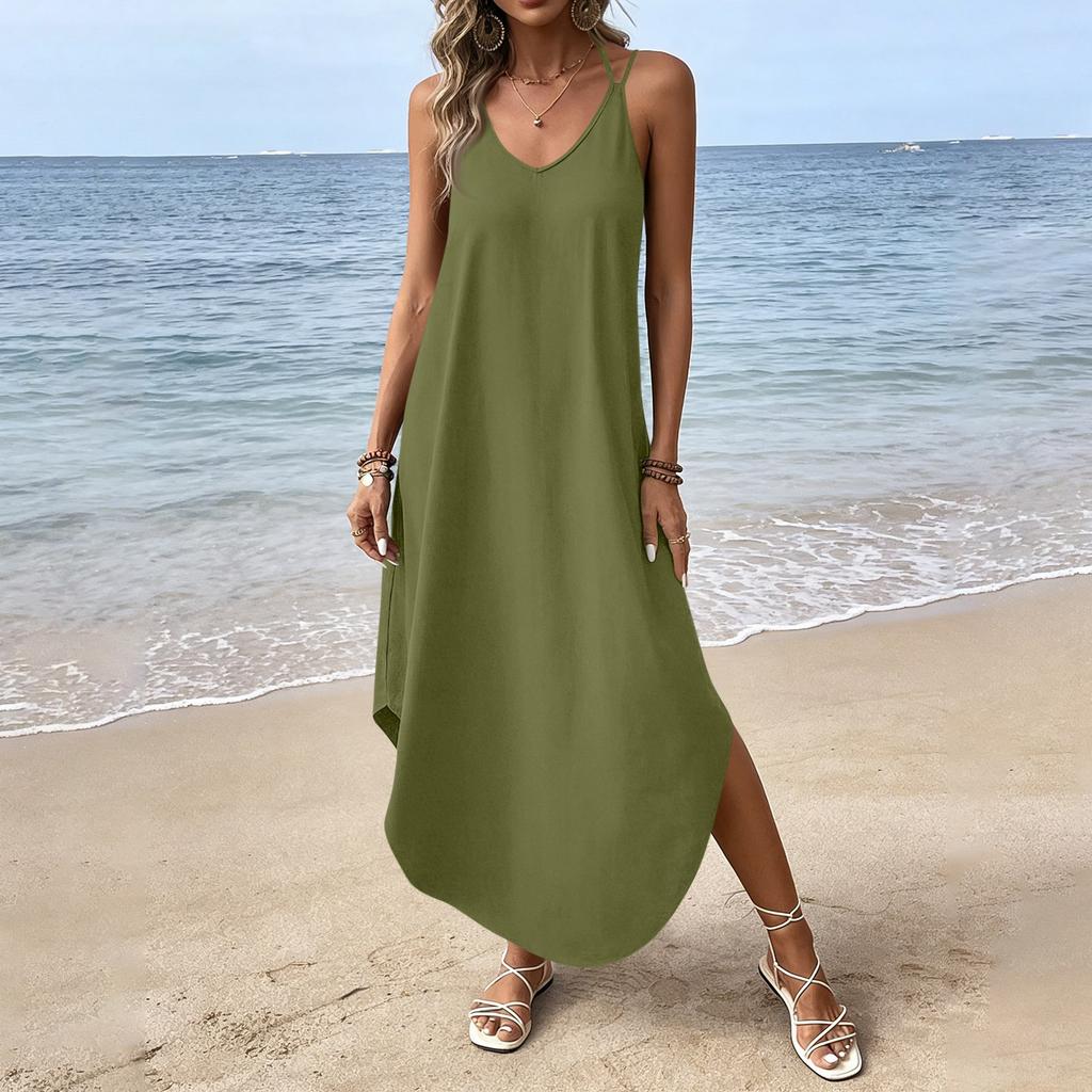 Women's Fashion Casual V-neck Sleeveless  Dresses Print Dresses Beach Long Dresses