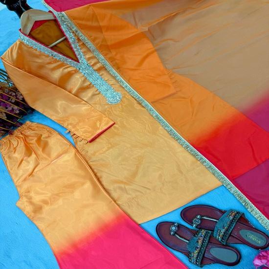 Vibrant Silk-Blend Ombre Kurta Pant Set with Embellished V-Neck M