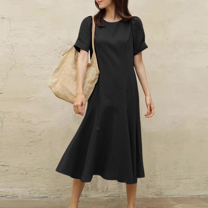 ZANZEA Women Casual Round Neck Solid Color Short Sleeve Dress