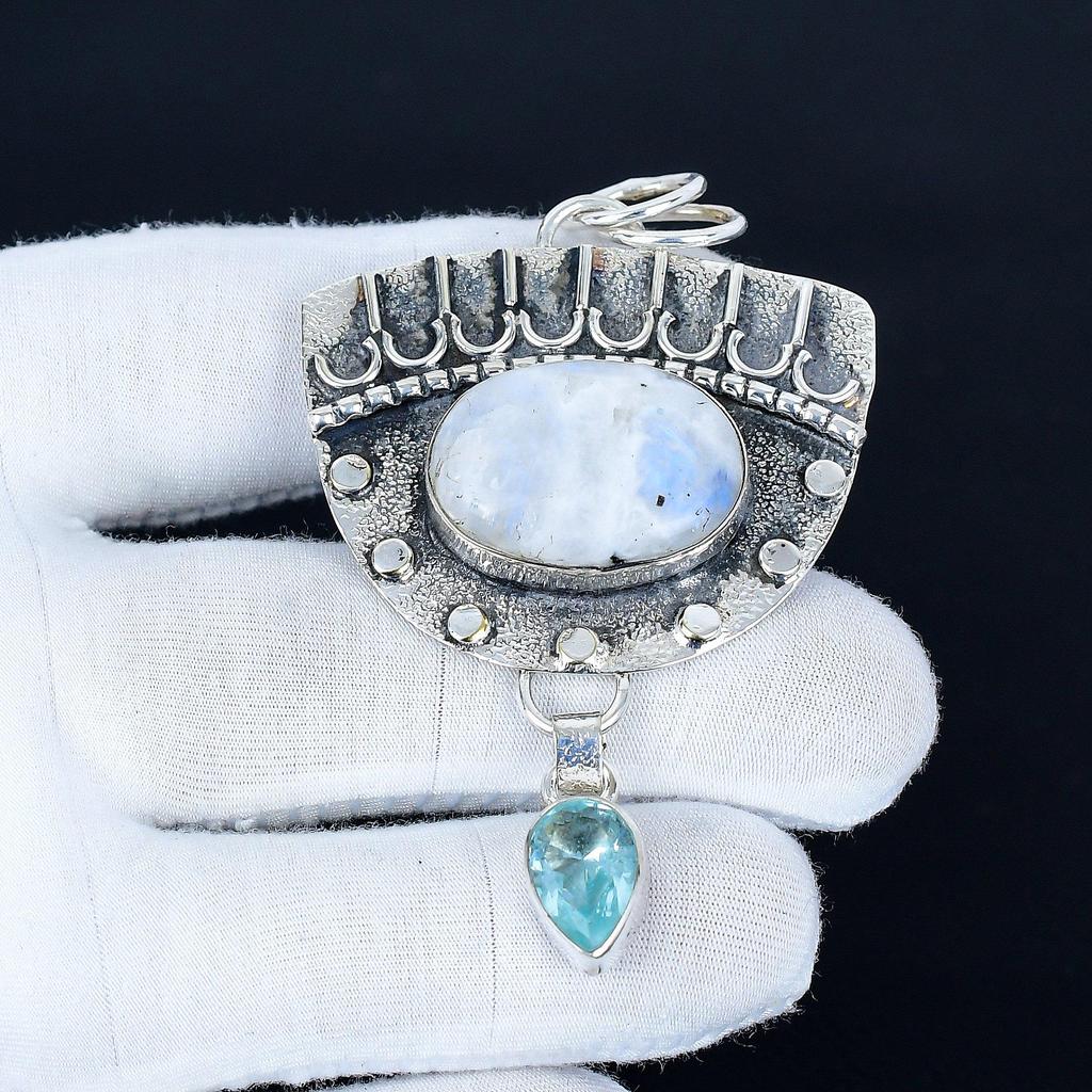 Mondstein Anhänger, 925 Sterling Silber Handgefertigter Schmuck, Blautopas Silberanhänger, Partyschmuck für Damen, Anhänger Jubiläumsgeschenk