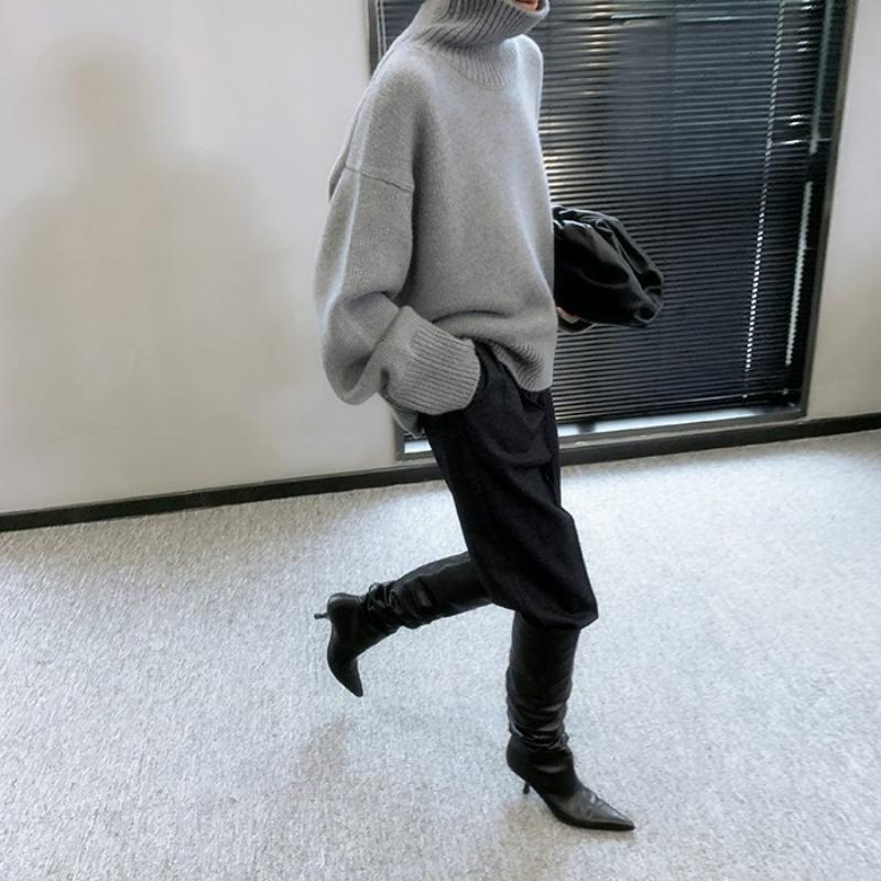 Women S Autumn Winter High Neck Pullover Sweater Loose Fit Casual Lazy Style Solid Color Knit Top