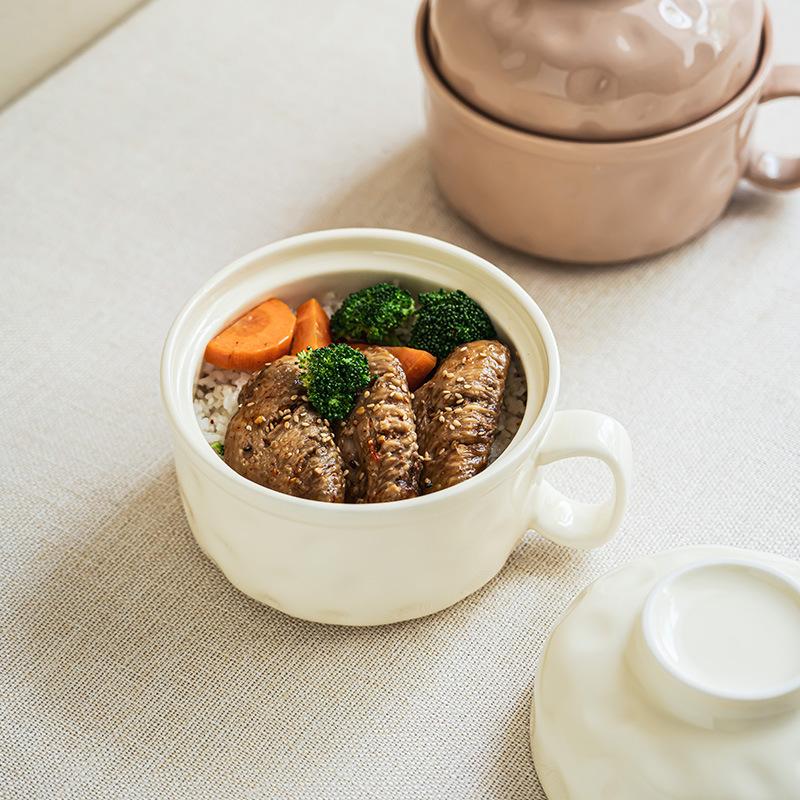 Cream Instant Noodle Bowl Minimalist Style Ceramic Bowl Dormitory Student Bowl With Cover Bowl With Handle Bowl Household Large Bowl