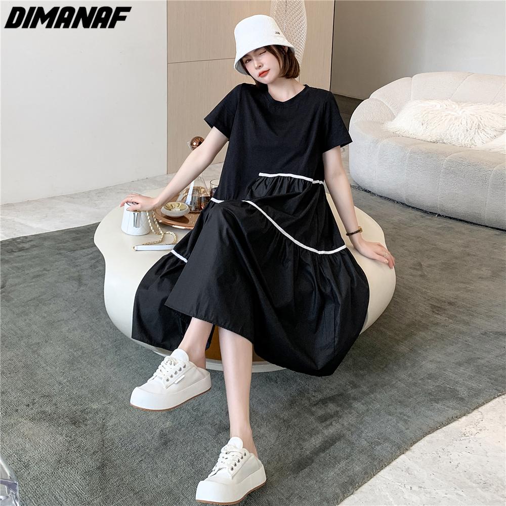 DIMANAF 2021 New Summer Shirt Dress Women Plus Size Sundress Cotton Striped Dress Elegant Lady Casual Loose Oversize Clothing