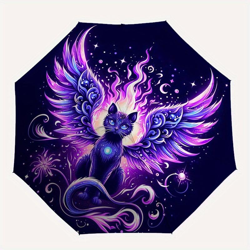Cosmic Cat, Celestial Wings Automatic Folding Umbrella 8 Ribs, Durable Iron Frame, Bright Color Pattern Compact Travel Umbrella, Suitable f