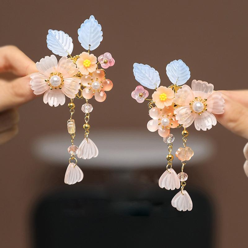2pcs Chinese Classical Style Exquisite Three-dimensional Flower Tassel Hair Clips  Party Performance Hanfu Dress Hair Accessorie