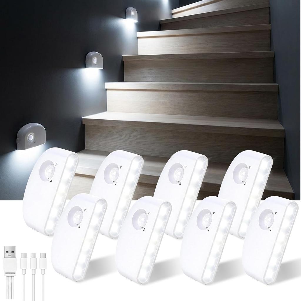 8 Pack Rechargeable Motion Sensor Stair Lights Indoor, Motion Activated Night Light Led Battery Powered Portable Automatic Wireless Stick On Lamp for