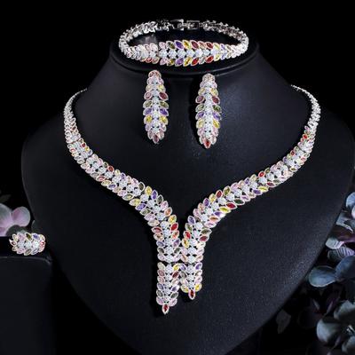 Dress Luxury Colored Zircon Collarbone Chain Full Diamond Necklace Earrings Bracelet Ring Set Chain Bridal Jewelry