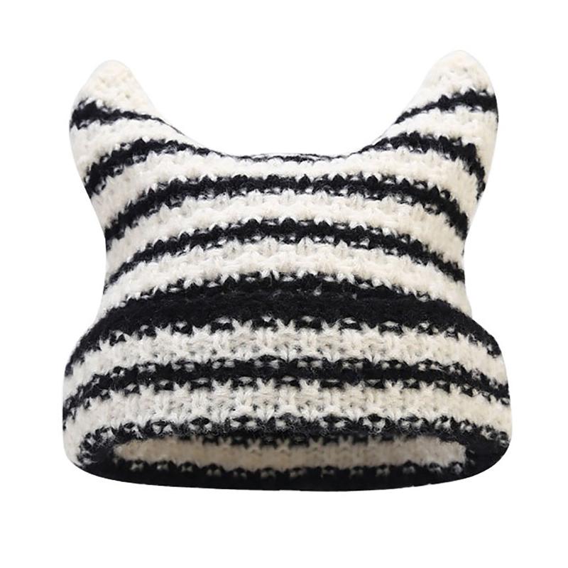 

Шапка из шерсти с полосатыми ушками Little Devil Streetwear Harajuku Beanie Knitted Hat Women Girls Autumn Winter Cute Cat Ears Hat as the picture