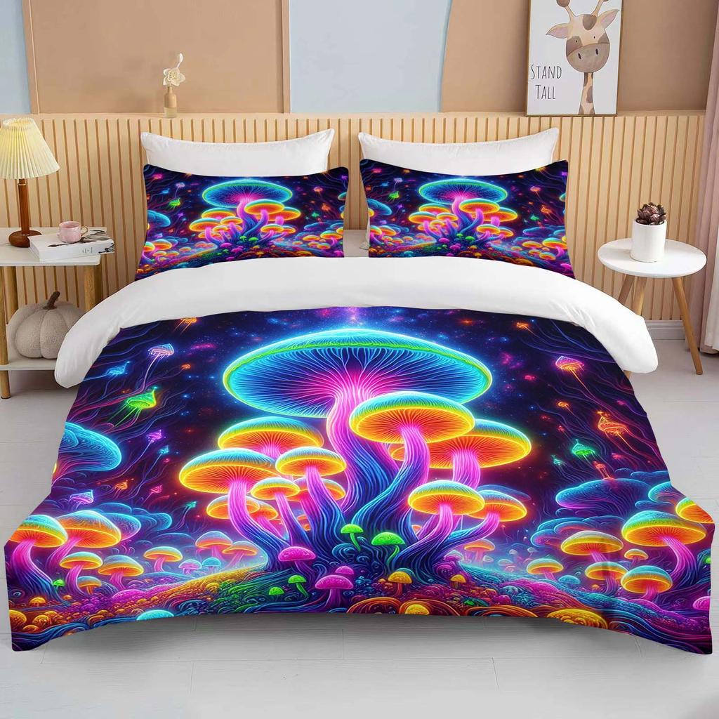 Super Vibrant Neon Psychedelic Mushrooms Print Bedding Set 3PC 1 Duvet Cover 2 Pillowcases Adult and Children Bedding Set Luxury